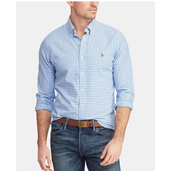 New Ralph Lauren Men’s XL Gingham Button Down Shirt  Slim Fit Stretch Oxford - Picture 1 of 13